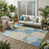 5' X 8' Blue And Teal Blue Geometric Washable Indoor Outdoor Area Rug