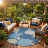 8' Navy Blue And Denim Blue Round Geometric Washable Indoor Outdoor Area Rug
