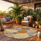 8' Orange And Copper Round Geometric Washable Indoor Outdoor Area Rug