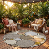 8' Taupe And Beige Round Geometric Washable Indoor Outdoor Area Rug