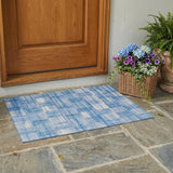 3' X 5' Denim Blue And Ivory Striped Washable Indoor Outdoor Area Rug