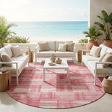 8' Pink And Ivory Round Striped Washable Indoor Outdoor Area Rug