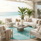 8' Teal Blue And Aqua Round Striped Washable Indoor Outdoor Area Rug