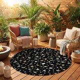 8' Black And Gold Round Geometric Washable Indoor Outdoor Area Rug