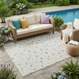 5' X 8' Ivory And Teal Blue Geometric Washable Indoor Outdoor Area Rug