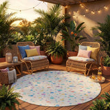 8' Ivory And Teal Blue Round Geometric Washable Indoor Outdoor Area Rug