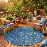 8' Navy Blue And Ivory Round Geometric Washable Indoor Outdoor Area Rug