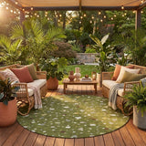 8' Olive Green And Brown Round Geometric Washable Indoor Outdoor Area Rug