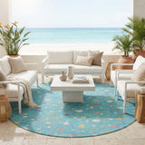 8' Teal Blue And Pink Round Geometric Washable Indoor Outdoor Area Rug