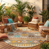 8' Beige And Orange Round Southwestern Washable Indoor Outdoor Area Rug