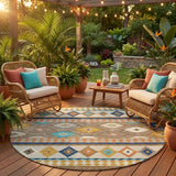 8' Brown And Taupe Round Southwestern Washable Indoor Outdoor Area Rug