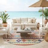 8' Coral And Beige Round Southwestern Washable Indoor Outdoor Area Rug