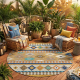 8' Gold And Brown Round Southwestern Washable Indoor Outdoor Area Rug