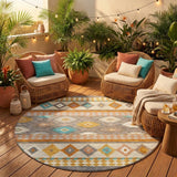 8' Gray And Silver Round Southwestern Washable Indoor Outdoor Area Rug