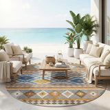 8' Ivory And Brown Round Southwestern Washable Indoor Outdoor Area Rug