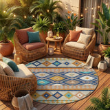 8' Navy Blue And Ivory Round Southwestern Washable Indoor Outdoor Area Rug