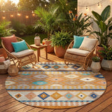 8' Orange And Copper Round Southwestern Washable Indoor Outdoor Area Rug