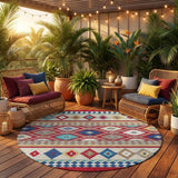 8' Red And Ivory Round Southwestern Washable Indoor Outdoor Area Rug