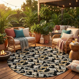 8' Black And Beige Round Horse Washable Indoor Outdoor Area Rug