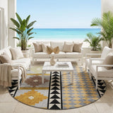8' Black And Beige Round Southwestern Washable Indoor Outdoor Area Rug