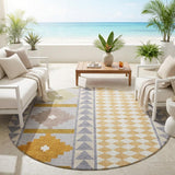 8' Gray And Beige Round Southwestern Washable Indoor Outdoor Area Rug