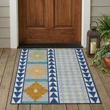3' X 5' Navy Blue And Sky Blue Southwestern Washable Indoor Outdoor Area Rug