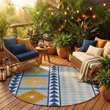 8' Navy Blue And Sky Blue Round Southwestern Washable Indoor Outdoor Area Rug