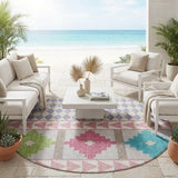 8' Pink And Ivory Round Southwestern Washable Indoor Outdoor Area Rug