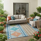 5' X 8' Teal Blue And Ivory Southwestern Washable Indoor Outdoor Area Rug