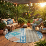 8' Teal Blue And Ivory Round Southwestern Washable Indoor Outdoor Area Rug