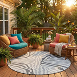 8' Gray And Ivory Round Zebra Print Washable Indoor Outdoor Area Rug
