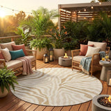 8' Ivory And Beige Round Zebra Print Washable Indoor Outdoor Area Rug