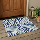 3' X 5' Navy Blue And Ivory Zebra Print Washable Indoor Outdoor Area Rug