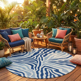 8' Navy Blue And Ivory Round Zebra Print Washable Indoor Outdoor Area Rug