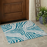 3' X 5' Teal Blue And Ivory Zebra Print Washable Indoor Outdoor Area Rug