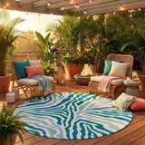 8' Teal Blue And Ivory Round Zebra Print Washable Indoor Outdoor Area Rug