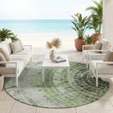 8' Green And Olive Green Round Geometric Washable Indoor Outdoor Area Rug
