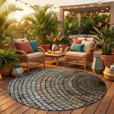 8' Beige And Taupe Round Geometric Washable Indoor Outdoor Area Rug
