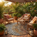 8' Copper And Orange Round Geometric Washable Indoor Outdoor Area Rug