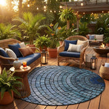 8' Denim Blue And Blue Round Geometric Washable Indoor Outdoor Area Rug