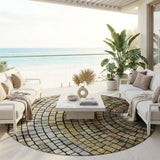 8' Gold And Gray Round Geometric Washable Indoor Outdoor Area Rug