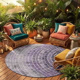8' Lavender And Gray Round Geometric Washable Indoor Outdoor Area Rug