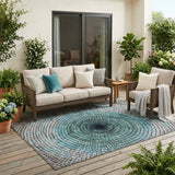 5' X 8' Teal Blue And Gray Geometric Washable Indoor Outdoor Area Rug