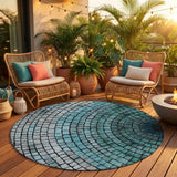 8' Teal Blue And Gray Round Geometric Washable Indoor Outdoor Area Rug