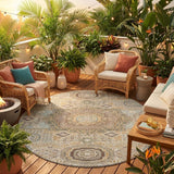 8' Beige And Ivory Round Oriental Washable Indoor Outdoor Area Rug