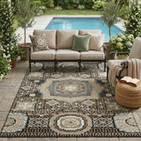 5' X 8' Black And Ivory Oriental Washable Indoor Outdoor Area Rug