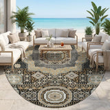 8' Black And Ivory Round Oriental Washable Indoor Outdoor Area Rug
