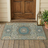 3' X 5' Green And Teal Blue Oriental Washable Indoor Outdoor Area Rug
