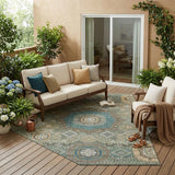 5' X 8' Green And Teal Blue Oriental Washable Indoor Outdoor Area Rug