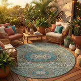 8' Green And Teal Blue Round Oriental Washable Indoor Outdoor Area Rug